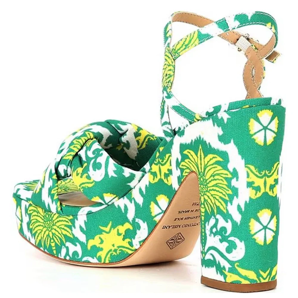 NWT Antonio Melani Mya Royal Palm Print Braided Platform Dress Sandals Sz 8